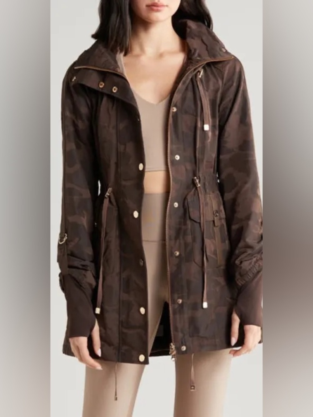 Blanc Noir Camo Hooded Anorak in Dark Chocolate Camo size xs women’s coat jacket